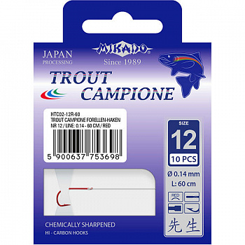 Крючки с поводками Mikado TROUT CAMPIONE № 2 R /  0.25 мм. / 100 см. ( 10 шт.)